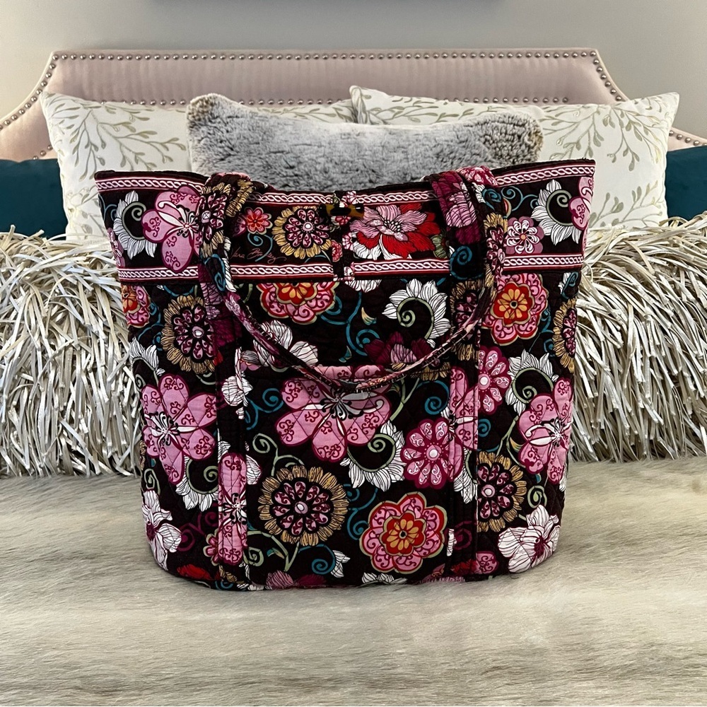 VERA BRADLEY Mod Floral Pink Large Toggle Tote 2 Handles Y2K Brown 2007 REPAIRED